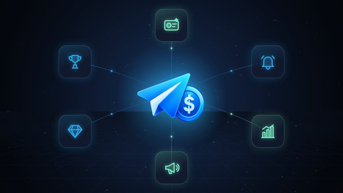 The image features the Telegram logo surrounded by six cryptocurrency icons (trophy, cash, notification bell, diamond, growth chart, and megaphone), symbolizing the platform's payment and earning ecosystem. It visually represents TeleMoney's expansion to telemoney.org, where Telegram users can monetize their usernames and channels through crypto-related rewards.