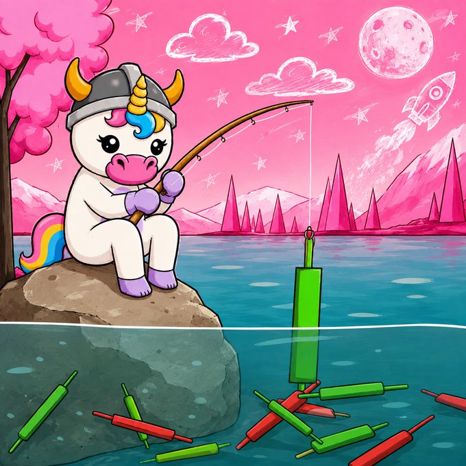 A whimsical pink-toned illustration of a unicorn wearing a viking helmet, sitting on a rock and fishing for green and red candlesticks in a lake, set against a backdrop featuring a pink moon, rocket, and mountains.