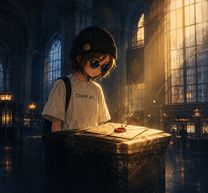 An anime-style illustration of a character wearing a black beanie, sunglasses, and a white t-shirt with 'CHAP.AI.' printed on it, standing at a stone pedestal holding a steaming envelope in a cathedral-like hall.