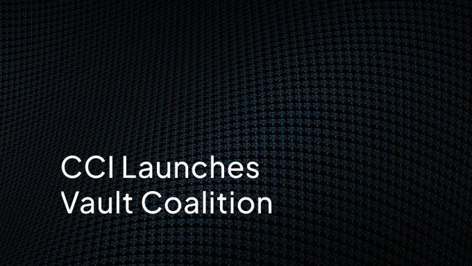 The image features a black background with white text that reads "CCI Launches Vault Coalition". The text is centered, making it easy to read. Below this, there's an image of a patterned design resembling a series of small squares or diamonds arranged in a zigzag pattern. This design adds visual interest and draws attention to the message on the post.