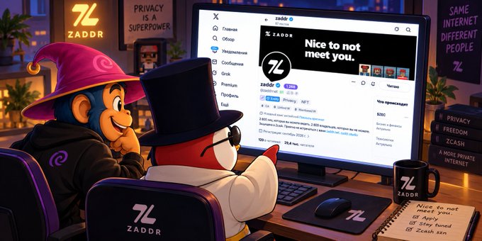 An illustrated advertisement for Zaddr showing two cartoon characters at a computer desk, promoting the service with the slogan 'Nice to not meet you' and notes saying 'Privacy is a superpower'.