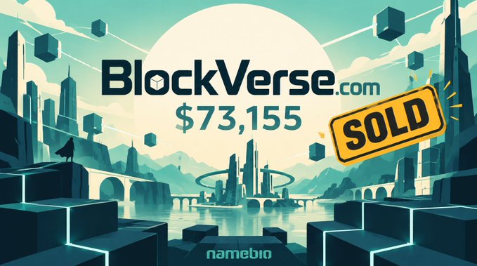 An illustration of a futuristic blocky city with the text 'BlockVerse.com', a price of '$73,155', a 'SOLD' stamp, and the 'namebio' logo at the bottom.