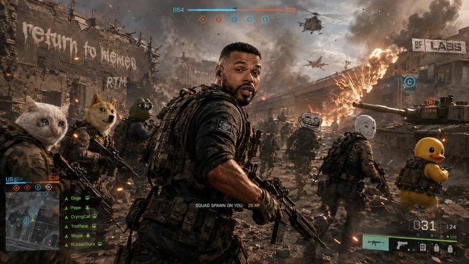 A chaotic battlefield scene depicts meme characters like Crying Cat, Doge, and Pepe in military gear, echoing the post's sentiment that "MEME COINS WILL NEVER DIE" and referencing tickers like $cashcat, $doge, and $pepe.