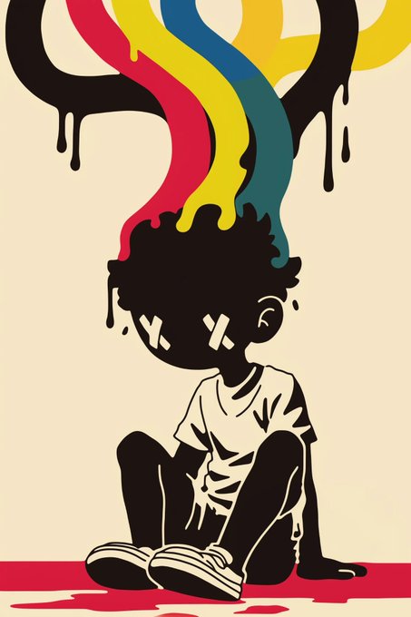 A stylized illustration of a young person sitting with X marks for eyes, with colorful dripping paint in red, yellow, blue, and black flowing from above their head onto a cream background.
