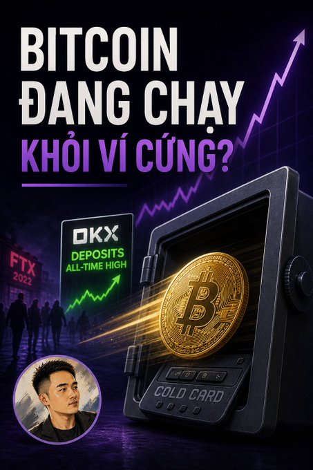 A YouTube thumbnail in Vietnamese reading 'BITCOIN ĐANG CHẠY KHỎI VÍ CỨNG?' featuring a gold Bitcoin in a safe, OKX deposits rising, FTX 2022 reference, and a man's portrait.