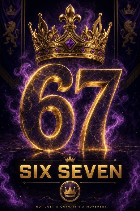 The image features a poster for a movie called "Six seven", which has a gold crown on top of the number 67, surrounded by purple smoke. The text on the poster reads "Not just a coin, its movement". This suggests that the movie is about a powerful force or idea that starts with the number 67 and gains momentum as it progresses through six sequels.