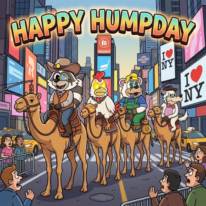 A colorful cartoon illustration shows four animals—a raccoon in a cowboy hat, a rooster, a bear in overalls, and a wolf—riding camels down a New York City street with 'HAPPY HUMPDAY' text overhead and 'I ❤ NY' billboards in the background.