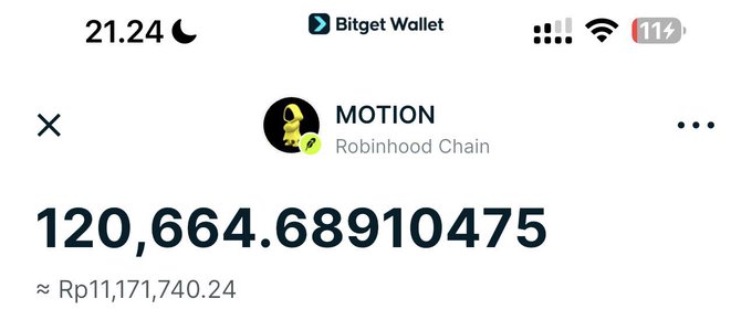 A Bitget Wallet screen showing a MOTION token balance on Robinhood Chain of 120,664.68910475, approximately Rp11,171,740.24.