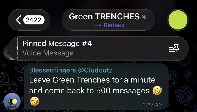 A screenshot of a Telegram group chat called 'Green TRENCHES' in the Redam category, showing a pinned voice message and a message from user 'Blessedfingers @Oludcutz' that reads 'Leave Green Trenches for a minute and come back to 500 messages' with laughing emojis, sent at 2:37 AM.