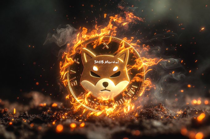 A golden Shiba Inu token engraved with "SHIB-Mortal" is engulfed in flames and encircled by a burning ring against a dark, ember-filled background, visually symbolizing the massive SHIB token burn highlighted in the post.