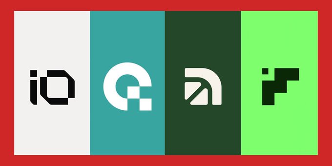 Four square logos are displayed side by side on a red background, with the first one reading 'iQ'.