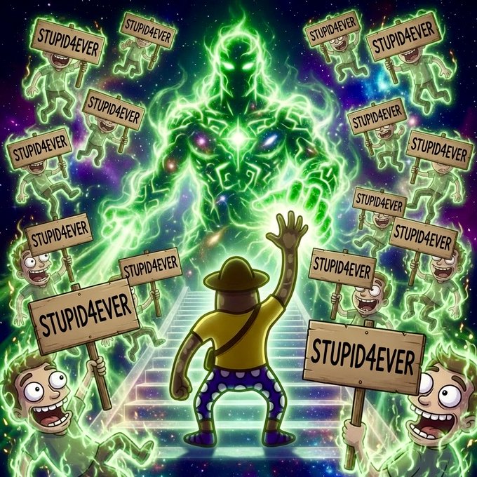 A cartoon illustration depicting a figure on a staircase ascending toward a glowing green cosmic entity, surrounded by cartoon characters holding signs that read 'STUPID4EVER'.