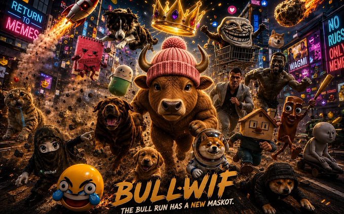 A vibrant, chaotic meme-style illustration featuring a bull wearing a pink beanie with various meme characters, dogs, and cats, titled 'BULLWIF - THE BULL RUN HAS A NEW MASCOT.'