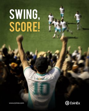 A promotional advertisement for CoinEx cryptocurrency exchange featuring a soccer player in a number 10 jersey cheering, with the text 'SWING, SCORE!' and 'www.coinex.com' along with the CoinEx logo.