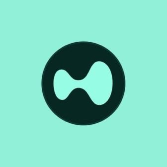 A simple logo design featuring a dark circular shape with a stylized wavy or bow-tie-like symbol inside, set against a light teal background.