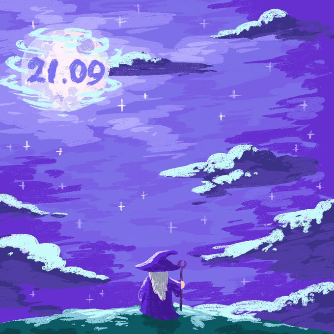Pixel art of a wizard in purple robes looking up at a glowing planet or moon displaying the date '21.09' in a purple, starry sky.