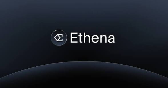The Ethena logo featuring a circular emblem with a diamond shape next to the text 'Ethena' on a dark, minimalist background.