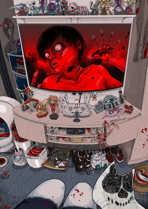 A dark, horror-tinged digital illustration showing a first-person view from someone sitting before a desk cluttered with spooky collectibles—including skulls, horror figurines, and a sleeping cat—all while a terrifying red-screened monitor displays a bleeding, wide-eyed figure and a bloody handprint. The artist's caption "This is my art" fits the macabre, personal collection aesthetic, suggesting the unsettling scene reflects their creative style and interests.