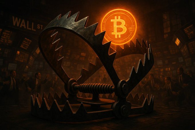 The image features a computer screen with an illustration of a gold Bitcoin bullseye, which is an animated depiction of the digital currency symbol. Surrounding this scene are characters from Wall Street, including individuals dressed in suits and ties. One individual stands out as wearing a tie with "Wall St" written on it. The background of the image appears to be a dark and somewhat mysterious setting, possibly a trap designed for Bitcoin trading. The Bitcoin bullseye is depicted within this trap. This scene could be interpreted as a visual representation of the current state of Bitcoin and its relationship with Wall Street.