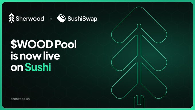 A promotional graphic announcing that the "$WOOD Pool is now live on Sushi," featuring the Sherwood and SushiSwap logos, a stylized tree icon, and the website "sherwood.sh" against a dark green background. The image aligns with the post's welcome message to the Sherwood team joining SushiSwap by highlighting the launch of their staking pool on the platform.