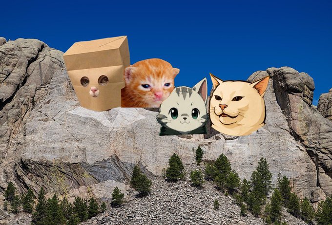 A humorous photo collage of cats in the style of Mount Rushmore, set against a granite mountainside under a clear blue sky.