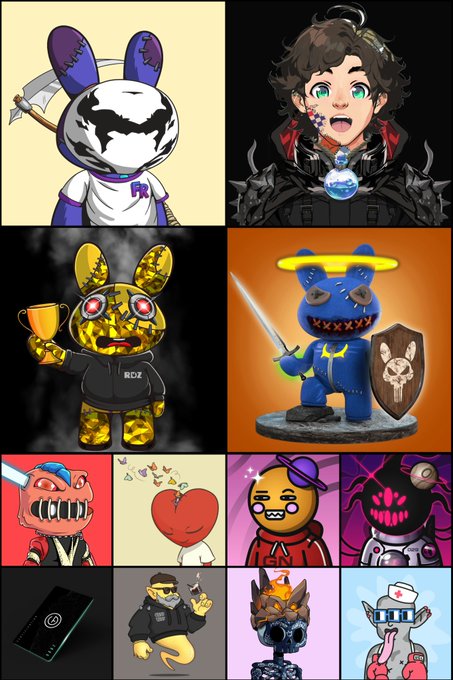 A collage of various cartoon-style NFT or digital art pieces, including rabbit-headed characters with stitched faces, metallic statues, and small mascot figures.