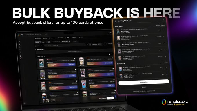 A promotional graphic for "BULK BUYBACK IS HERE" byrenaiss.xyz, featuring a laptop and phone displaying the platform's interface for accepting buyback offers for up to 100 cards at once on the Base chain.