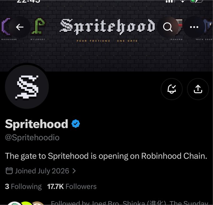 A Twitter/X profile for "Spritehood" (@Spritehoodio) with 17.7K followers, stating "The gate to Spritehood is opening on Robinhood Chain."
