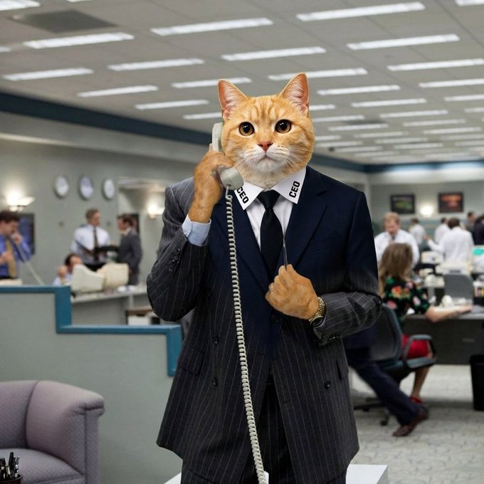 A surreal AI-generated image showing a figure in a pinstripe business suit with an orange tabby cat's head, holding a telephone receiver to its ear in a busy open-plan office environment.