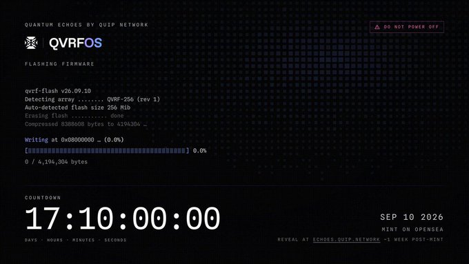 A firmware flashing interface for 'QVRF OS' by QUID NETWORK, detecting array 'QVRF-256 (rev 1)' with a countdown of 17 days, 10 hours remaining until the reveal on September 10, 2026.