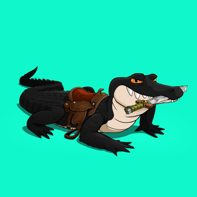 Cartoon illustration of a black crocodile wearing a brown saddle and holding a sword in its mouth against a teal background.