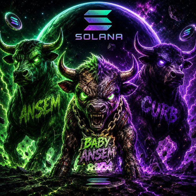 A vibrant digital artwork featuring three glowing-eyed bulls in green, purple, and black with text reading 'SOLANA', 'ANSEM', 'CURB', and 'BABY ANSEM'.
