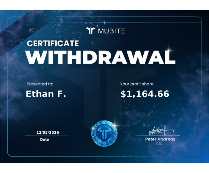 A certificate of withdrawal from MUBITE presented to Ethan F. showing a profit share of $1,164.66 dated 12/08/2026, signed by CEO Peter Andreas.