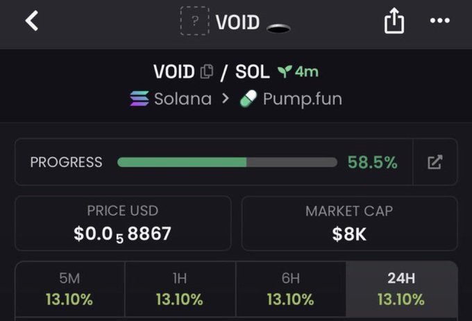 A cryptocurrency tracking app screen showing the token VOID/SOL on Solana with a price of $0.058867 and a market cap of $8K.