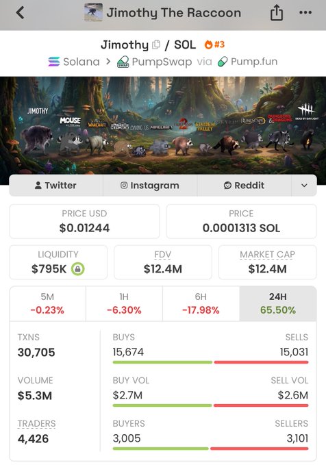 A crypto tracking app screen for 'Jimothy The Raccoon' (Jimothy/SOL) token on Solana via PumpSwap, showing a price of $0.01244, market cap of $12.4M, and +65.50% gain in 24H.