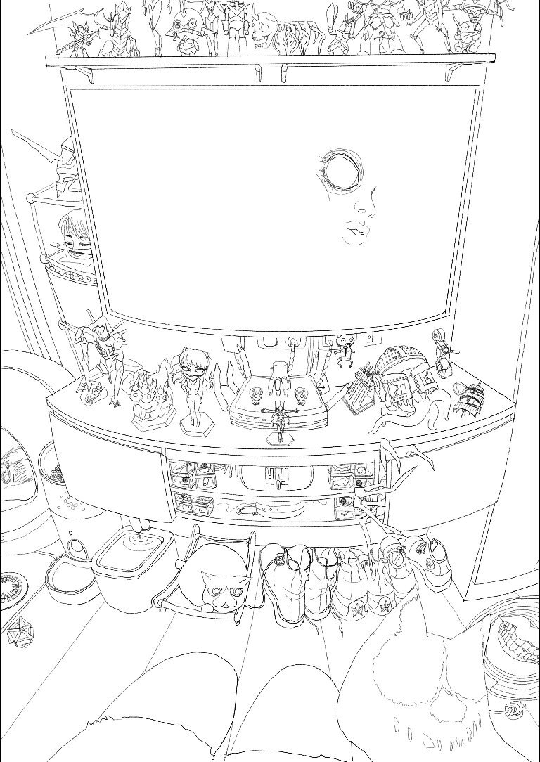 The image shows a black and white line drawing of a television set placed on top of a table with various items scattered around it. The scene appears to be from a cartoon or comic strip, as indicated by the presence of a cat sitting on the floor next to the TV. The text in the image reads "GM ! The 2nd 100 sec 2/13 from 1370 seconds WIP Wish you love my process, Full piece is available on Manifold-ling on my pin".