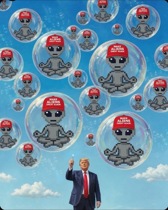 The image features a poster with a man standing next to bubbles that are filled with cartoon characters, including an alien wearing a red hat. The bubbles are floating around the man who appears to be holding a microphone. The background of the poster has a blue sky with clouds and the text "Make Aliens Great Again Ufo Uap". This suggests that the image is related to a political campaign or event, possibly promoting a candidate or advocating for a specific cause.

The bubbles are filled with cartoon characters such as an alien wearing a red hat, which adds a playful and engaging element to the poster. The man standing next to these bubbles appears to be addressing the crowd or making a speech, further emphasizing the political context of the image.