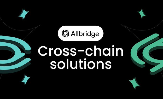 Promotional graphic for 'Allbridge' displaying 'Cross-chain solutions' with teal chain link graphics and sparkle decorations on a black background.