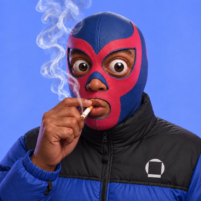 A person wearing a blue and red luchador-style mask and blue puffer jacket smokes a cigarette, with smoke curling upward against a blue background.