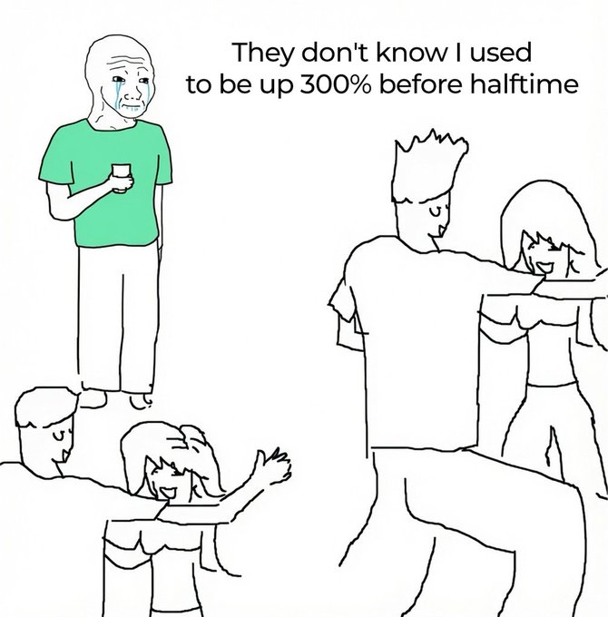 The image shows a crying "Wojak" character watching couples dance at a party, with the caption "They don't know I used to be up 300% before halftime." It relates to the post by illustrating the painful memory every trader carries—the bittersweet recollection of a massive unrealized gain that disappeared before they could lock it in, leaving them to quietly mourn while the world celebrates around them.