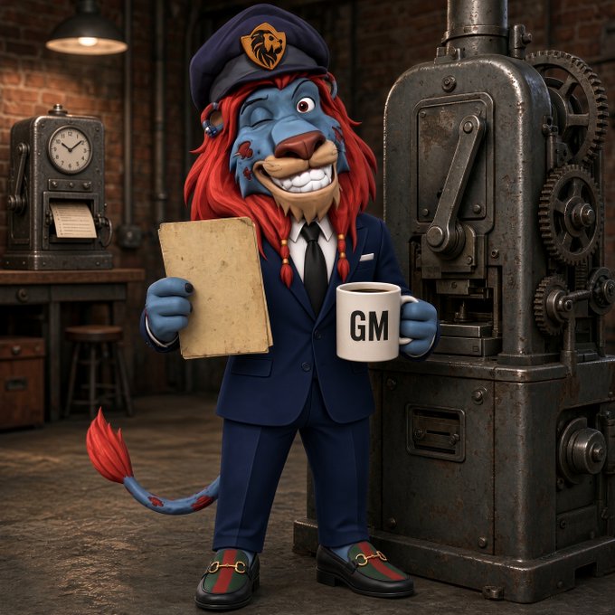 A 3D-rendered anthropomorphic lion character wearing a blue suit and cap with a lion emblem, holding a clipboard and a 'GM' mug in a steampunk-style workshop with industrial machinery.