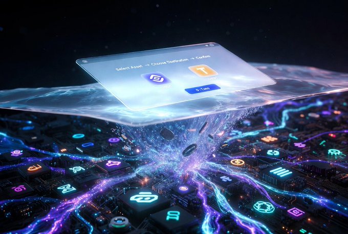 A glowing holographic panel reading "Select Asset → Choose Destination → Confirm" hovers above a vibrant circuit board, with energy streams converging through a central vortex onto illuminated asset tiles—visually echoing the post's theme that cross-chain infrastructure should abstract complexity away from users, making asset movement feel effortless rather than requiring users to navigate the intricate Web3 machinery beneath.