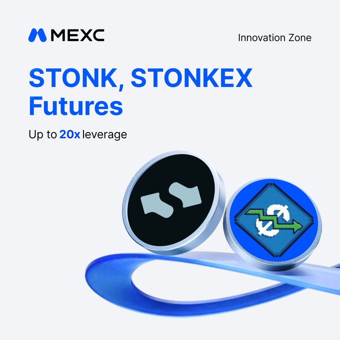 A promotional graphic for MEXC's Innovation Zone featuring STONK and STONKEX Futures with up to 20x leverage.