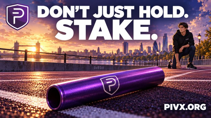 An advertisement for PIVX cryptocurrency with the slogan 'DON'T JUST HOLD. STAKE.' showing a person sitting near Tower Bridge in London with a purple PIVX stake marker in the foreground.