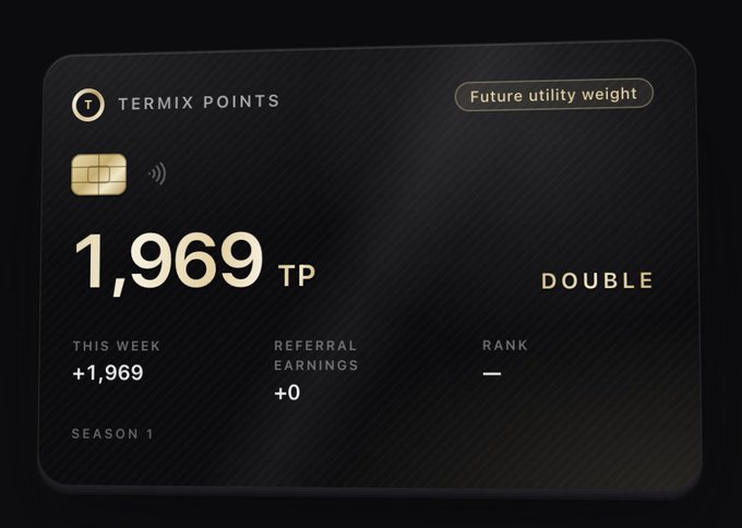 A dark-themed dashboard shows a 'TERMIX POINTS' balance card displaying 1,969 TP earned this week in Season 1, alongside a gold chip icon.