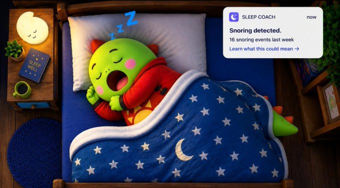 An animated illustration of a green and red monster sleeping in a star-patterned bed with a 'SLEEP COACH' notification stating 'Snoring detected. 16 snoring events last week.'