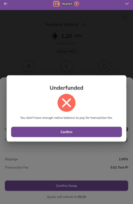 The image shows a mobile wallet interface displaying an "Underfunded" error popup with a red X icon and the message "You don't have enough native balance to pay for transaction fee," blocking a token swap attempt. The background shows an available balance of 1.20 ETH ($115.94 Test-Pi) with a 1.00% slippage, 0.01 Test-Pi transaction fee, and a "Confirm Swap" button, illustrating the issue described in the post about encountering an error when trying to exchange Pi tokens for ETH on Pi DEX Testnet.