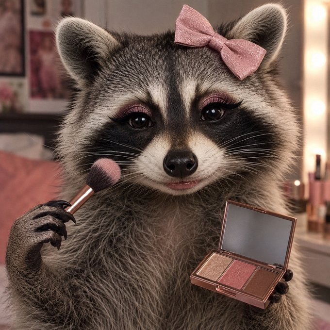 A hyper-realistic AI-generated image of a raccoon with a pink bow on its head, wearing pink eyeshadow and holding a makeup brush and a rose-gold eyeshadow palette, appearing to apply makeup.