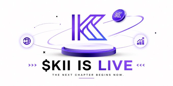 Promotional graphic with a purple 'K' logo on a podium and text reading '$KII IS LIVE - THE NEXT CHAPTER BEGINS NOW' alongside floating icons.