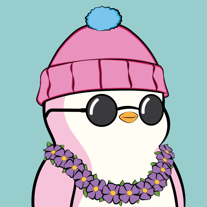 A cartoon penguin wearing a pink beanie with a blue pom-pom, dark round sunglasses, and a purple flower lei against a light teal background.